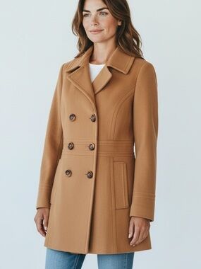 PRESTON & YORK Classic Camel Tan Double-Breasted Wool Pea Coat